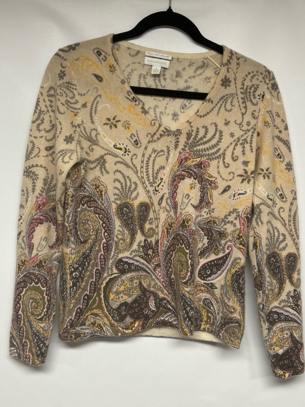 Charter Club cashmere Cream Paisley V-Neck Sweater with Multi Accent Colors